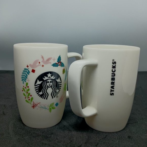 Set of 2 Starbucks White Holiday Wreath Mermaid Logo 8oz Mugs Doves Mistletoe - Picture 2 of 6